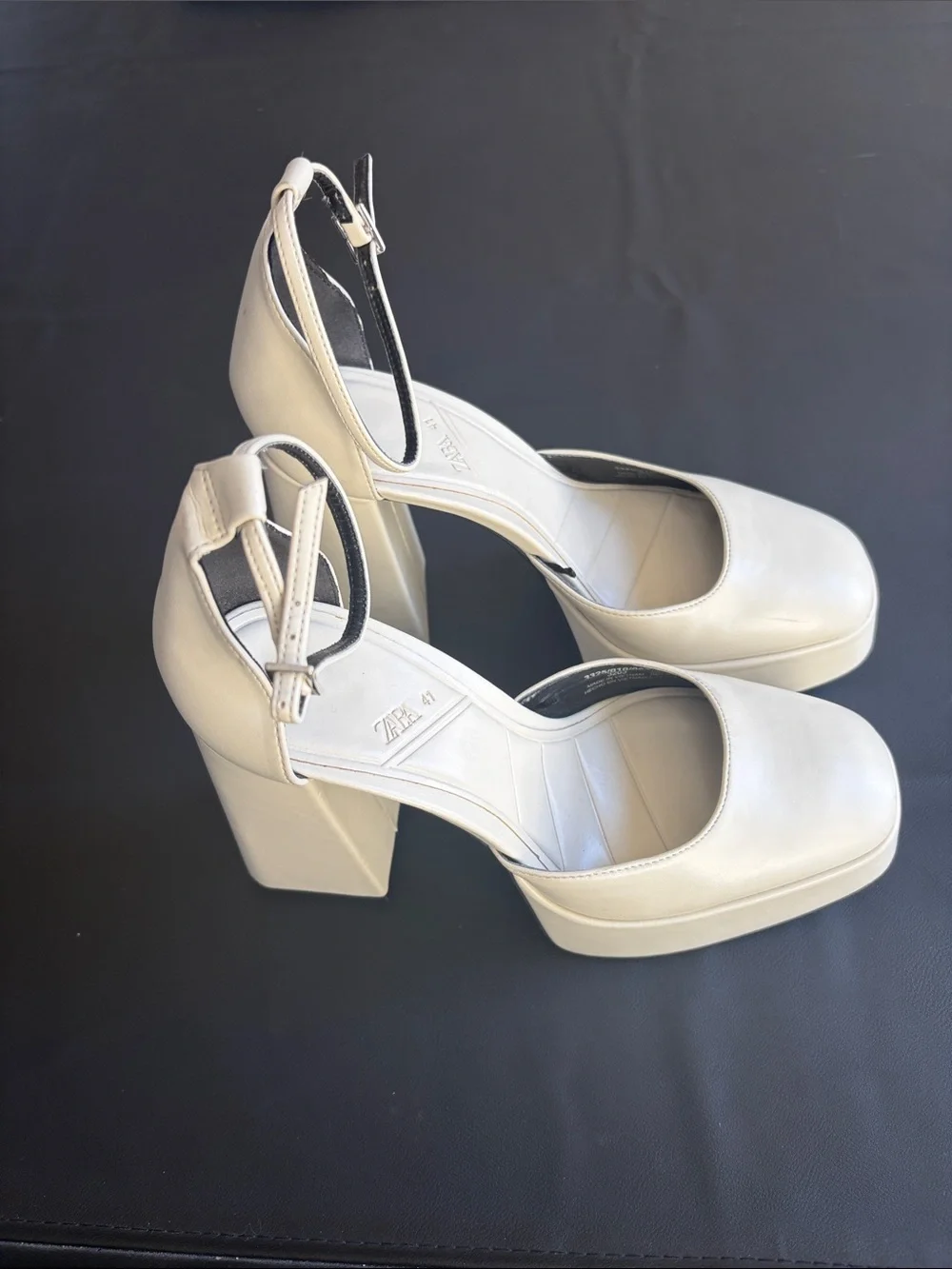 Zara White Chunky Block Heel Ankle Strap Pumps EU 41 US 10 Square Toe